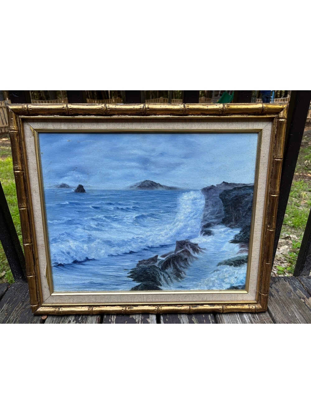 Vintage Seascape Painting, Crashing Waves on Rocky Coast, Signed Original